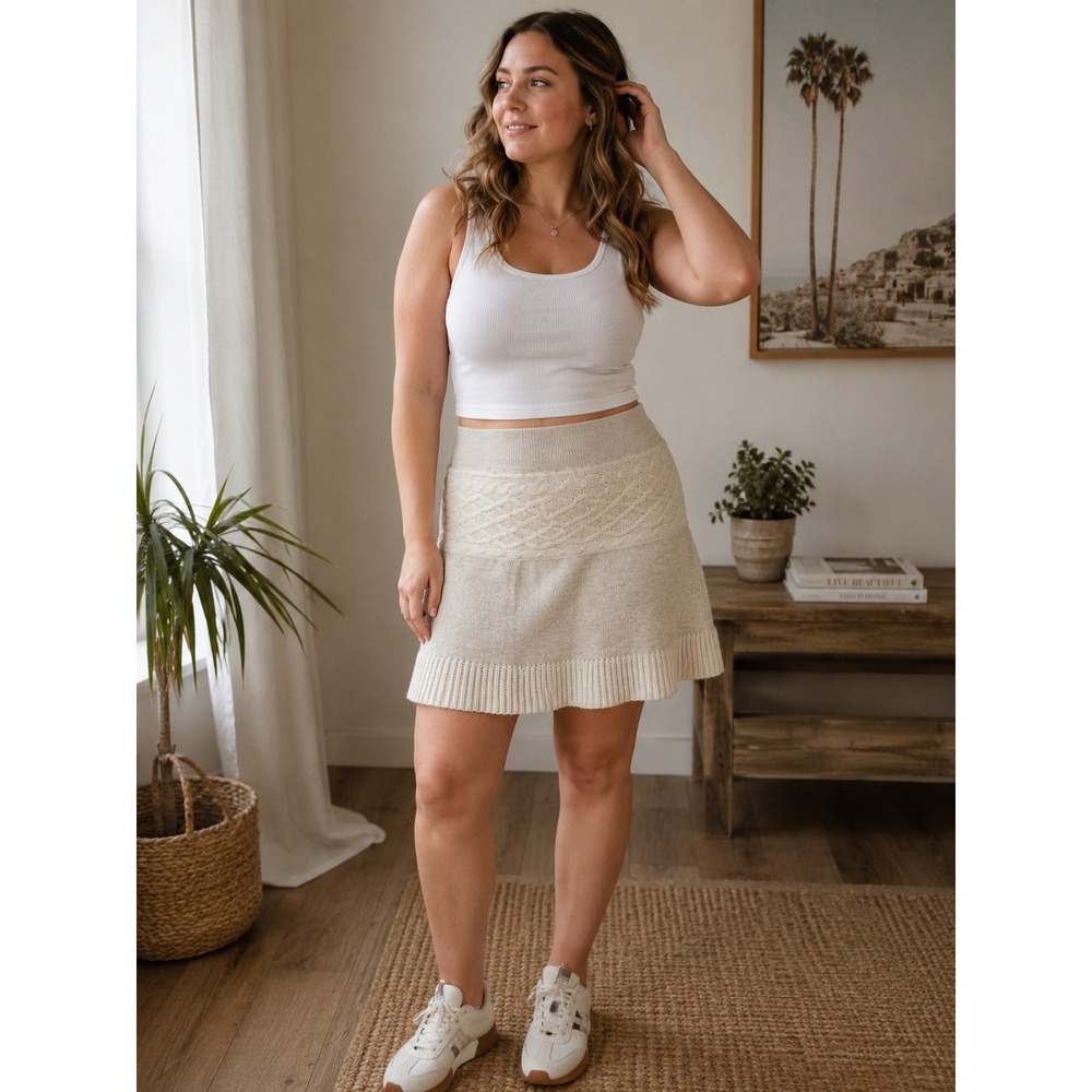 Akini Knit Sweater Skirt Womens Small Cream Oatmeal Wool Blend Ruffle Hem Boho